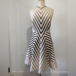 Halston Heritage Black and Cream Striped Halter Dress- 8